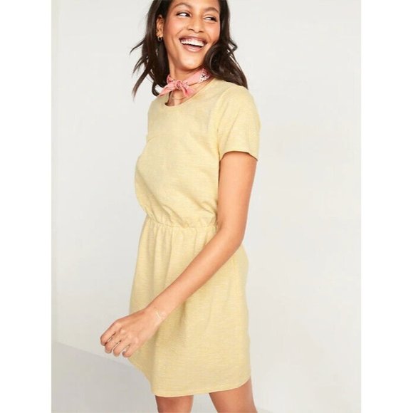 Old Navy Dress T-Shirt Waist Defined Slub Knit Mini Yellow Stripe - Picture 1 of 12